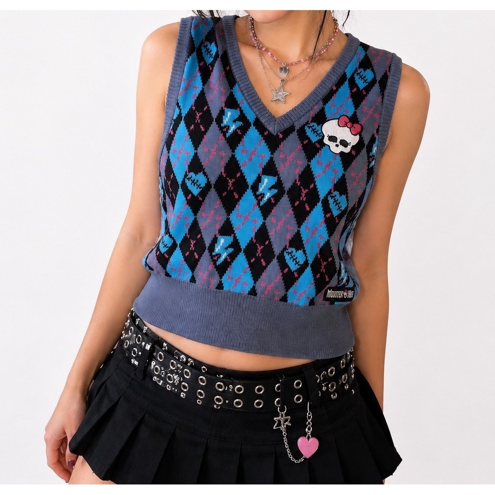 Monster High Argyle Sweater Vest XL Goth Emo Y2K Grunge Coquette Preppy Skull